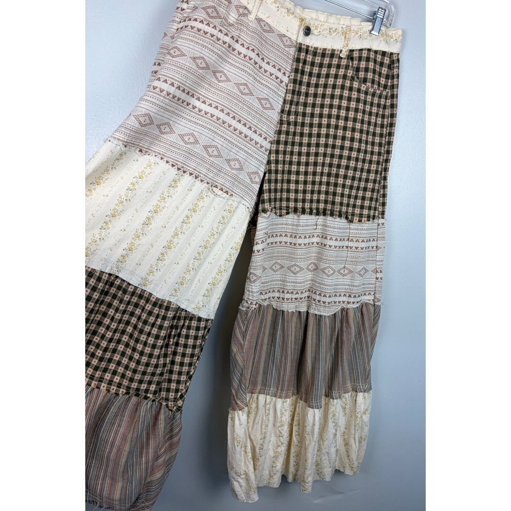 POL Panel Patchwork Wide Leg Pants Medium Tan Plaid Boho Floral - Picture 3 of 6